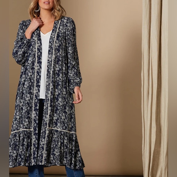 Blue Floral Longline Kimono Duster Jacket NWT - Picture 7 of 11